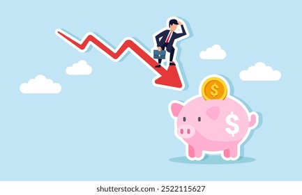 A businessman riding a red downward arrow toward a piggy bank, an illustration of an investor's vision recognizing risks in an investment model during a loss.