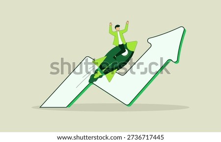 businessman riding a rocket booster that is soaring upward along with a rising graph arrow. conceptual illustration representing business growth, success, or financial progress.