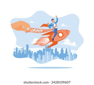 Businessman riding a rocket flying up to the clouds. Hands are helping to launch a new project. Rocket is launching the boost concept. Flat vector illustration.