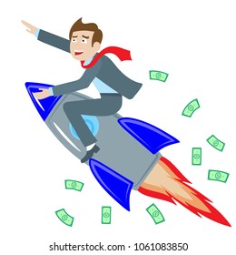 Businessman riding a rocket goes up on  the background  money , the concept of success,on white background , isolate