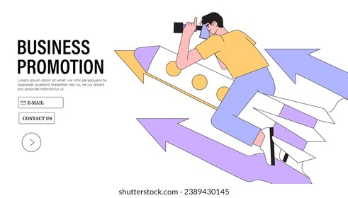 Businessman riding rocket on arrow through obstacles to his goal. Business developement, career success or growth and opportunity, startup concept banner, landing web page. Creative trendy character.