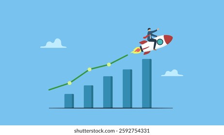 Businessman riding rocket on growth bar graph or rising up revenue chart, symbolizes business growth, investment profit increase, growing fast or improvement sales and revenue, progress or development