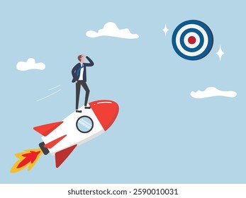 Businessman riding a rocket in the sky to goal or target. Concept of financial success, startup growth, high return on investment, profits, income increase, career success, flat vector illustration.