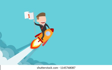 Businessman riding a rocket and smoke through cloud Business startup concept. vector illustration. flat design.