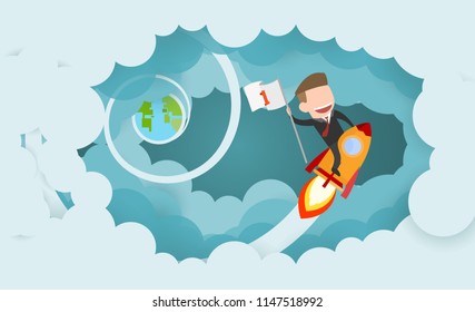 Businessman riding a rocket and smoke through cloud Business startup concept. vector illustration. flat design.