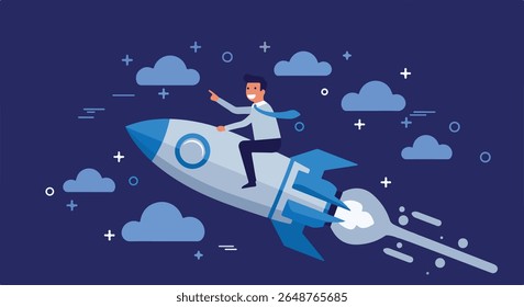 Businessman Riding a Rocket Through a Night Sky: Business Launch. Cheerful businessman riding a soaring rocket through a starry night sky, symbolizing business launch, rapid growth, and innovation.