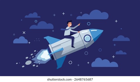 Businessman Riding a Rocket Through a Night Sky: Business Launch. Cheerful businessman riding a soaring rocket through a starry night sky, symbolizing business launch, rapid growth, and innovation.