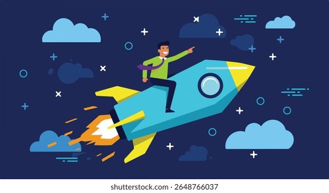 Businessman Riding a Rocket Through Space: Startup Ambition.Cheerful businessman riding a soaring rocket through a starry night sky, symbolizing ambitious startup launch, rapid growth, and innovation.