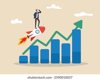 Businessman riding a rocket to the top of graph. Concept of financial success, startup growth, high return on investment, profits, income increase, career success, flat vector illustration.