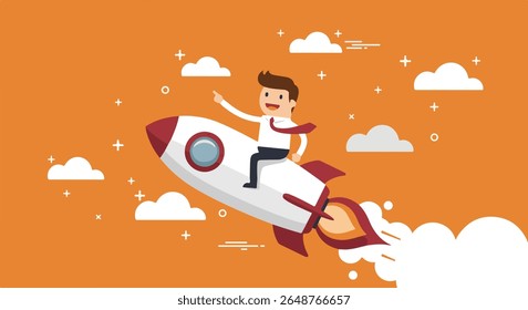 Businessman Riding a Rocket Towards Business Growth. Cheerful businessman riding a soaring rocket amidst growth arrows, symbolizing startup launch, rapid business expansion, and success.