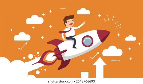Businessman Riding a Rocket Towards Business Growth.Cheerful businessman riding a soaring rocket amidst growth arrows, symbolizing startup launch, rapid business expansion, and success.