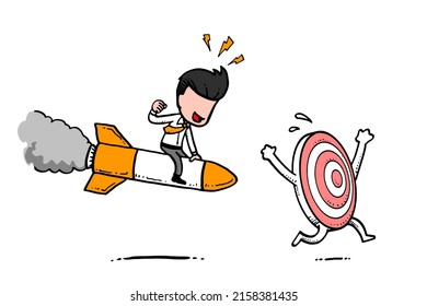 Businessman riding a rocket try to get the target. Concept of achievement. Caricature illustration design with isolated background