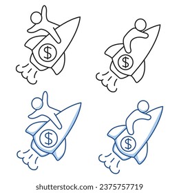 Businessman riding rocket.Leadership to guide team to success.Boost team productivity.Business concept startup.Financial growth.Doodle business team icon.Hand drawn sketch. Marketing online. 