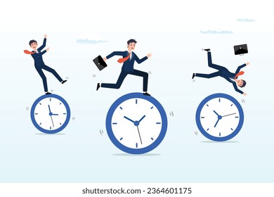 Businessman riding rolling clock face with confidence skillful man in the middle success manage to reach target, time management, work schedule and deadline, productivity and efficiency work (Vector)