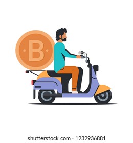 businessman riding scooter with bitcoin money crypto currency virtual mining concept isolated flat vector illustration