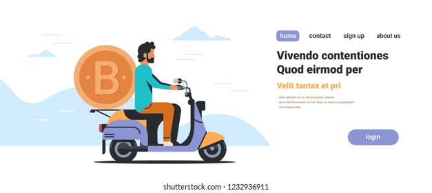 businessman riding scooter with bitcoin money crypto currency virtual mining concept isolated flat horizontal copy space vector illustration