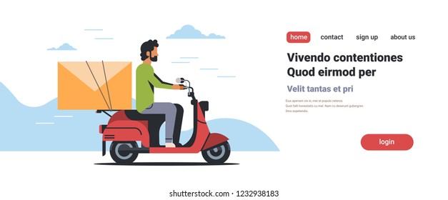 businessman riding scooter with envelope email message paper letter communication concept isolated flat horizontal copy space vector illustration
