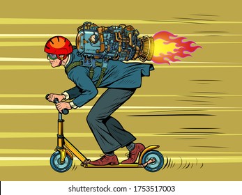 Un hombre de negocios monta una moto. motor de chorro de alta velocidad. Dibujo vectorial retro de arte pop estilo kitsch de los años 50