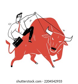 Businessman is riding a skittish bull. Vector illustration hand drawn doodle style.