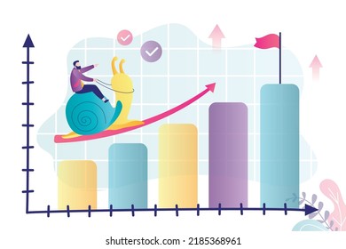 Businessman riding slug trying to reach goal. Entrepreneur very slowly climbing up chart. Slow revenue growth and sluggish business development. Process of financial growth. Flat vector illustration