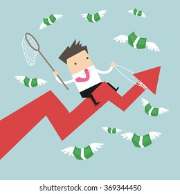 Businessman riding success arrow graph trying to catch money fly