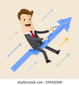 Businessman riding success arrow graph. Positive trend, profit, growth. Vector, illustration, flat