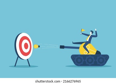 A businessman riding a tank fires a light bulb at the target, meaning the company has come up with a new idea to run its business successfully.