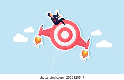 A businessman is riding a target board jet soaring into the sky, illustration of a business target set very high.