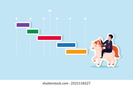 Um empresário montando um unicórnio ao lado de um gráfico de barras, ilustrando o progresso do desempenho de uma empresa start-up unicórnio