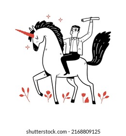 Businessman riding a unicorn, Hand drawn vector illustrations.