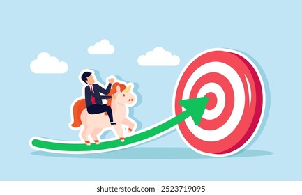 A businessman riding a unicorn heads toward a target board, an illustration of a unicorn startup aiming to achieve even bigger goals.