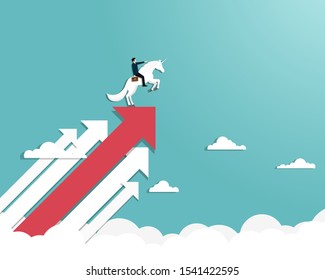 Businessman riding a unicorn on arrow or symbol for a unicorn successful, Achievement, Leadership, Career, Vector illustration flat