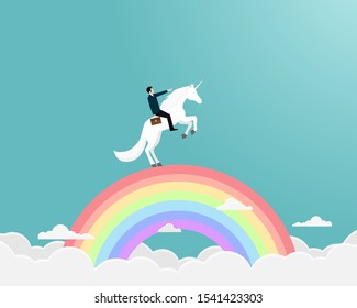 Businessman riding a unicorn on rianbow or symbol for a unicorn successful, Achievement, Leadership, Career, Vector illustration flat