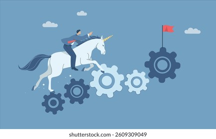 Businessman riding unicorn running up gear stairs, Unicorn business startup inspiration, Corporate growth symbol, Startup business idea, Flat vector design illustration.
