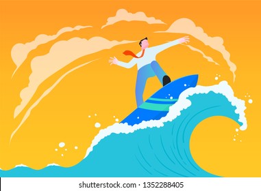 Businessman riding wave illustration. Business concept.