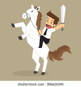 businessman riding white horse, through obstacles. vector