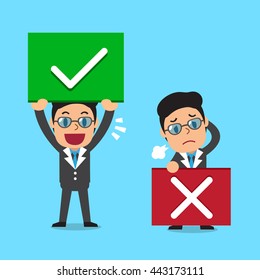 Businessman with right and wrong signs