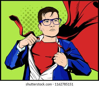 Businessman ripping off his shirt, with red Cape Waving in the Wind. Pop art vintage retro cartoon illustration vector Comic Book