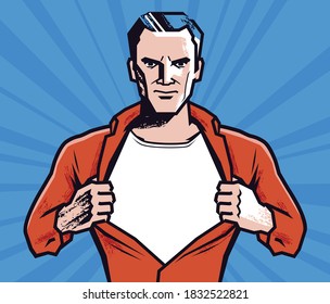 Businessman rips his shirt. Super strong man vector illustration in style comic pop art