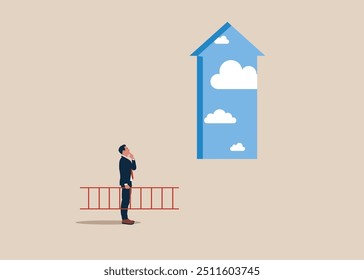 Businessman with rising arrow as a symbol of power and success. Move up motivation, the path to the target's achievement. Flat vector illustration.