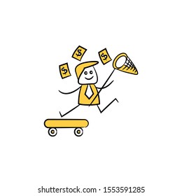 businessman rising skateboard and catching money bank yellow doodle stick figure