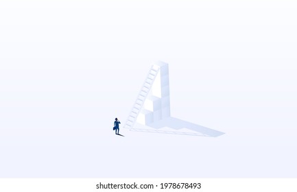 Businessman rising stairs to reach the top of the tower concept in isometric background vector design.