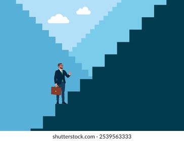 Businessman rising stairs to try to reach the top. Work improvement, career growth or performance to achieve success, progress or challenge concept. Flat vector illustration