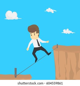 A businessman risk climbing ropes across the abyss. vector