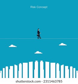 Businessman in risk concept walking on a tightrope. Business finance, Leadership, Vector illustration flat