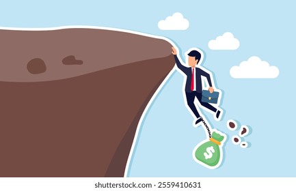 A businessman is at risk of falling while holding onto a money bag at the edge of a cliff, illustration of facing bankruptcy under the weight of company debt