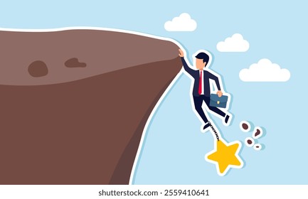 A businessman is at risk of falling while holding onto a star at the edge of a cliff, illustration of threatened business rating and quality decline