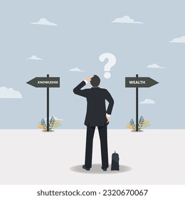 Businessman with road sign wealth or knowledge . Choosing career way concept design vector illustration