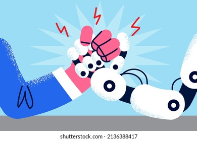 Empresario y robot luchan con sus brazos. Hombre empleado y asistente robótico o ciborg midiendo potencia y fuerza. Concepto de lucha de ayuda humana y virtual. Tecnología de IA. Ilustración vectorial. 