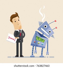 Hombre de negocios y robot. Concepto de inteligencia artificial. Vector, ilustración, plano
